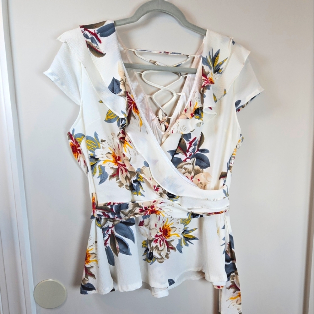 Ruffled Lace-up Back Zip Side Floral Faux Wrap Belted Multicolor Size 1X
